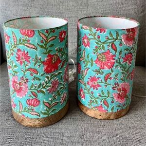 Floral Bohemian Fabric and Wood Drum Lamp Lanterns - Set of 2